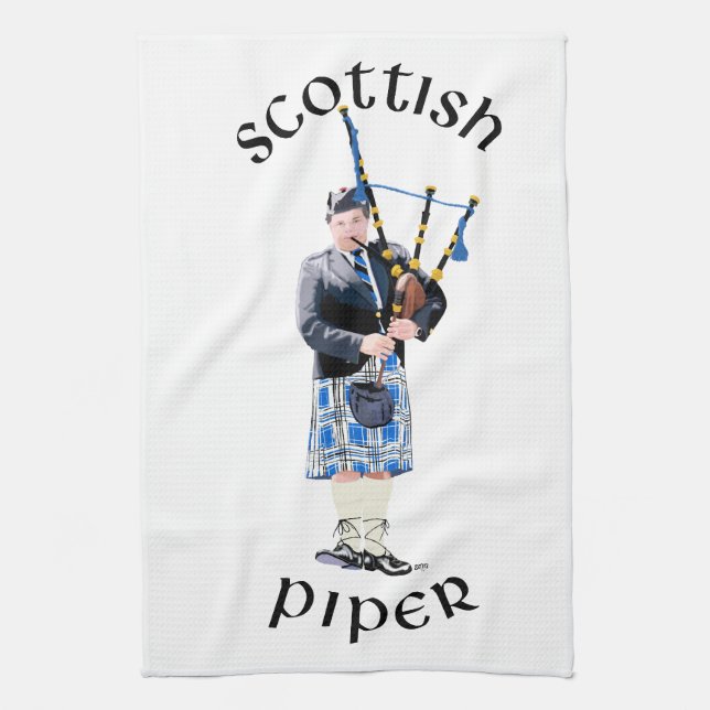 Skotsk Piper - Blå Tartan Kökshandduk (Vertikal)
