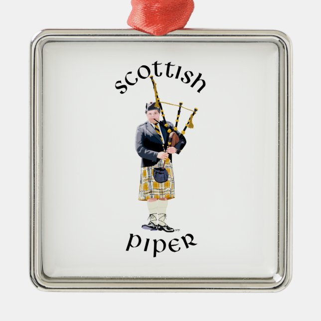 Skotsk Piper - Tan Plaid Julgransprydnad Metall (Framsidan)