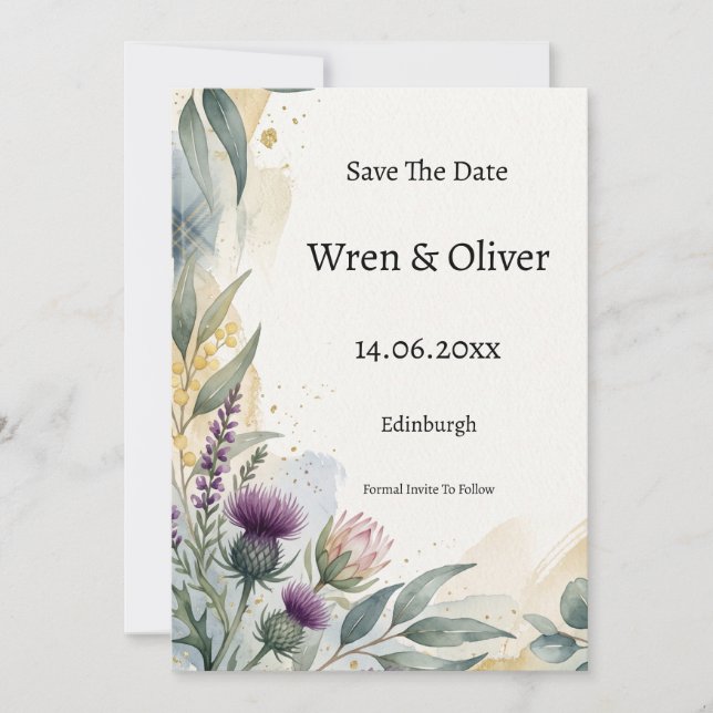 Skotsk randig tistelblomma Save the Date-kort Spara Datumet (Framsida)