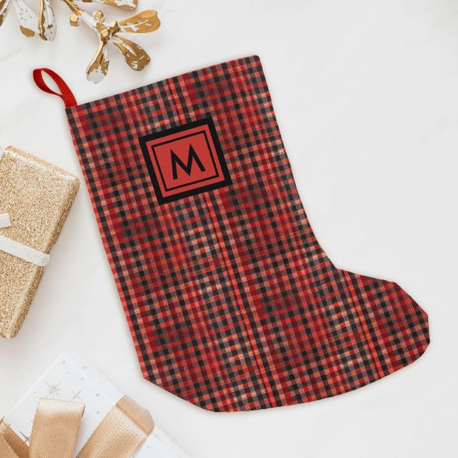 Skotsk röd tartan gingham-mönster svart monogram liten julstrumpa (Skapare uppladdad)