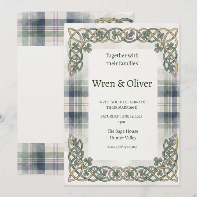 Skotsk Tartan Celtic Knutmönster Bröllopsinbjudan Inbjudningar (Fram/baksida)