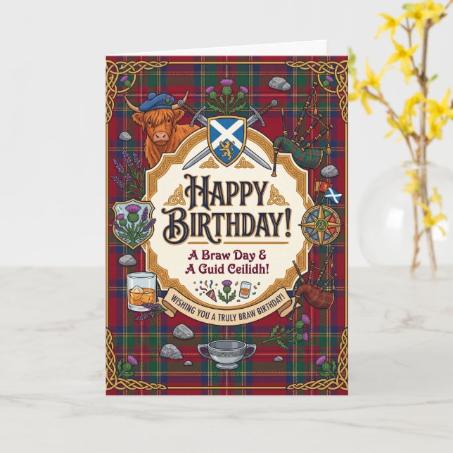 Skotsk Tartan Födelsedag Kort (Gul blomma)