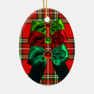 SKOTSK TARTAN MED RÖDA GRÖNA JULPILBÅGAR JULGRANSPRYDNAD KERAMIK