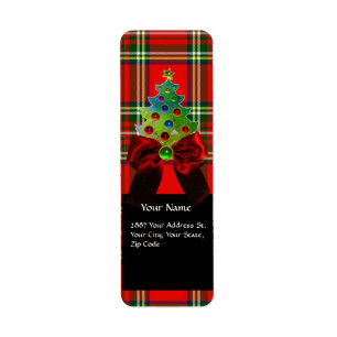 SKOTSK TARTAN, RÖDA GRÖNTPILBÅGAR OCH JULGRAN RETURADRESS ETIKETT