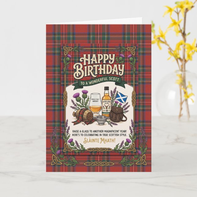 Skotsk Tartan Whisky Födelsedag Kort (Gul blomma)