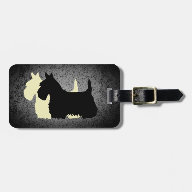 Skotsk terrier, 2 silhuetter, granitsilver bagagebricka (Horisontell Framsida)