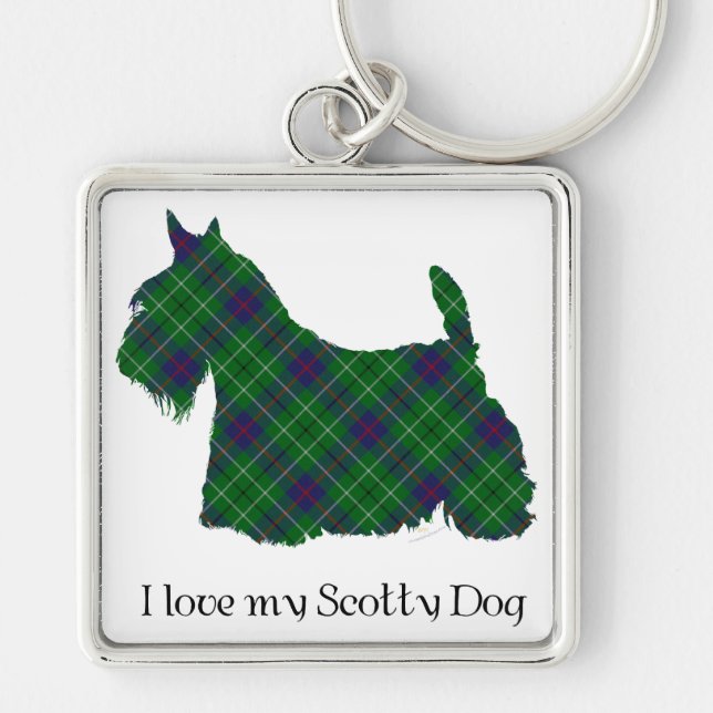 Skotsk terrier Duncan Tartan Fyrkantig Silverfärgad Nyckelring (Framsidan)