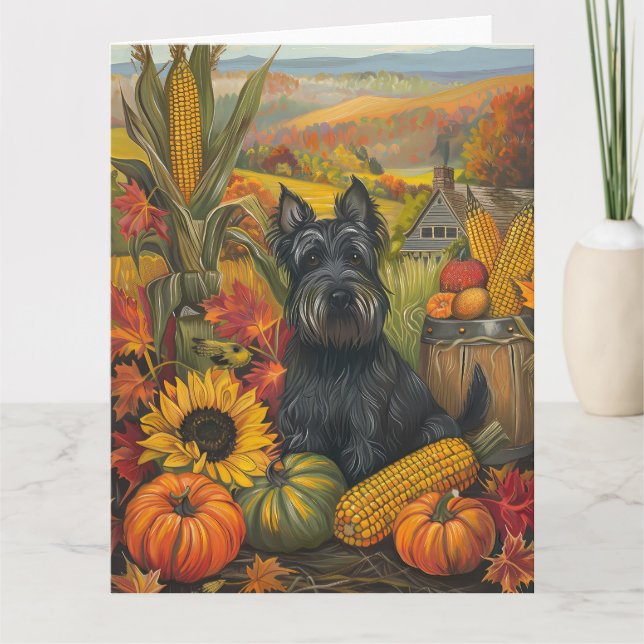 Skotsk terrier hund höstskörd tacksägelse kort (Framsida)