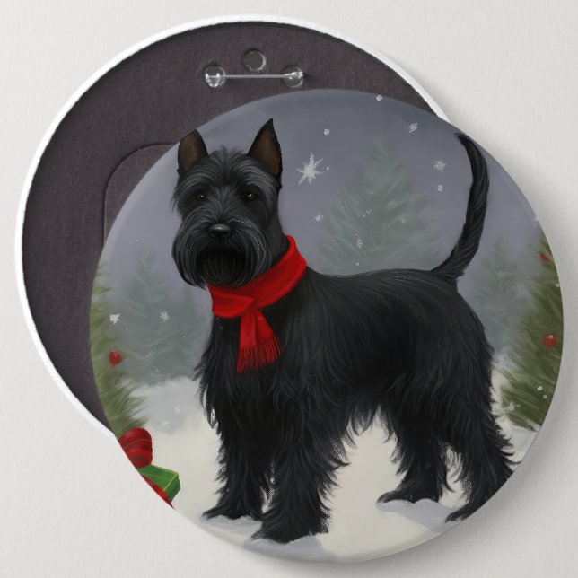 Skotsk Terrier Hund i Snö Jul Knapp (Framsida & baksida)