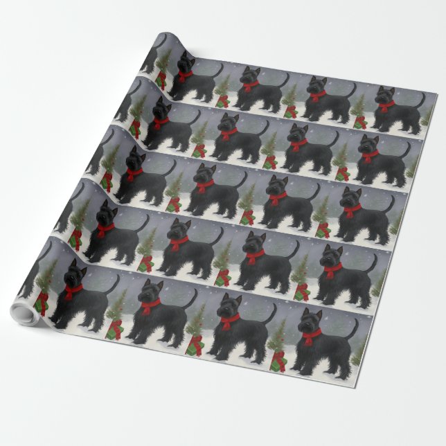 Skotsk terrier hund i snö julen presentpapper (Utrullad)