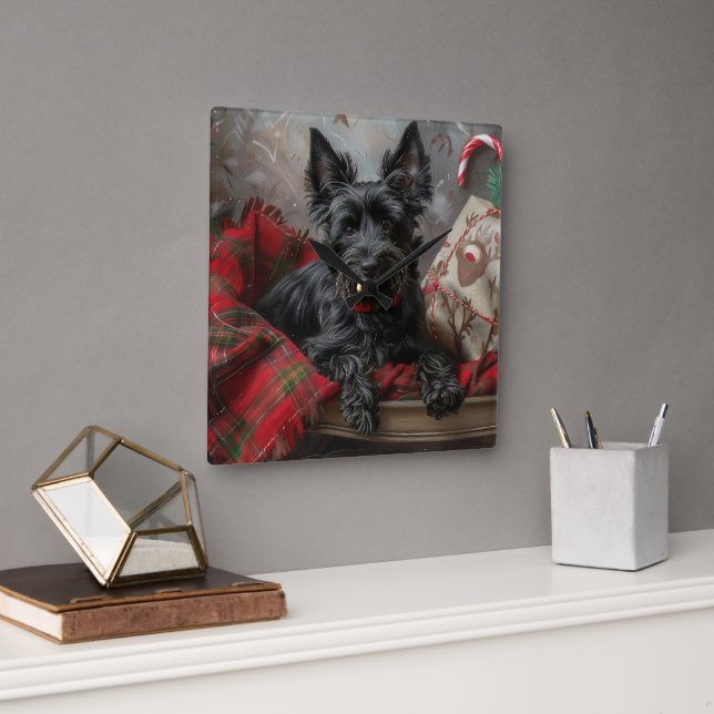Skotsk Terrier Hund Jul Festlig Fyrkantig Klocka (Kontor)