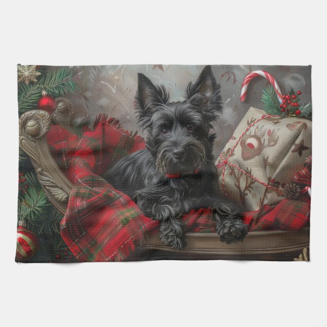 Skotsk Terrier Hund Jul Festlig Kökshandduk (Horisontell)