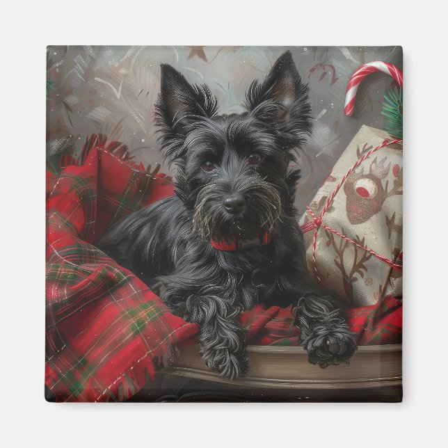 Skotsk terrier hund jul festlig magnet (Framsidan)
