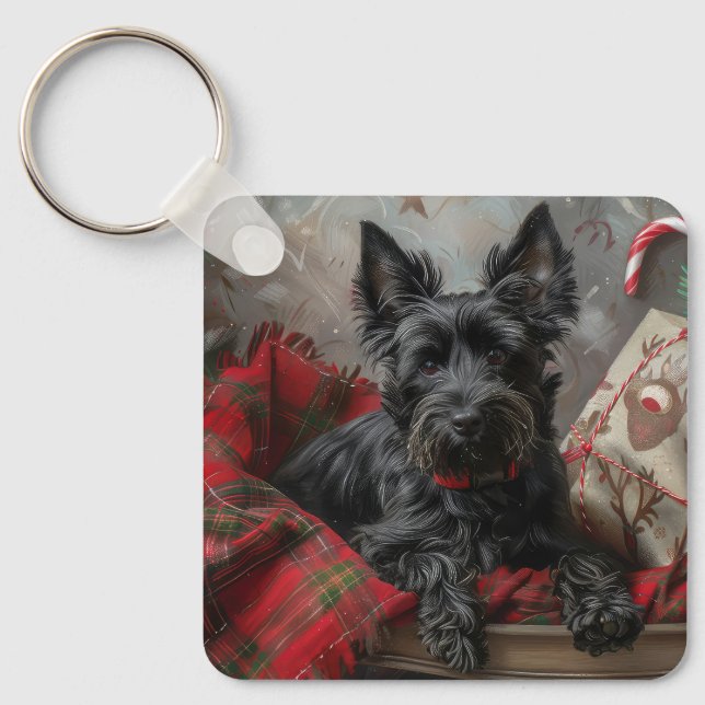 Skotsk Terrier Hund Jul Festlig Nyckelring (Framsida)