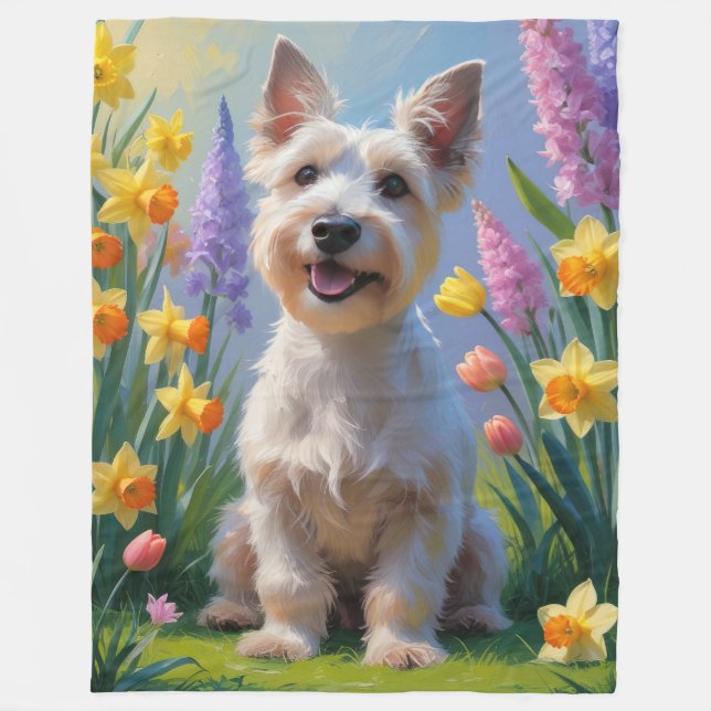 Skotsk Terrier Hund Vårblommor Målning Fleecefilt (Framsidan)