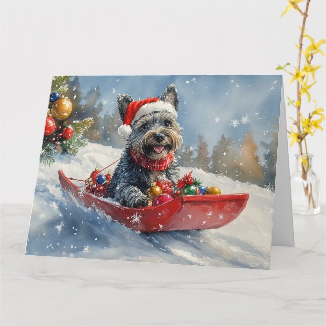Skotsk terrier i släde Låt det snöa jul Kort (Gul blomma)