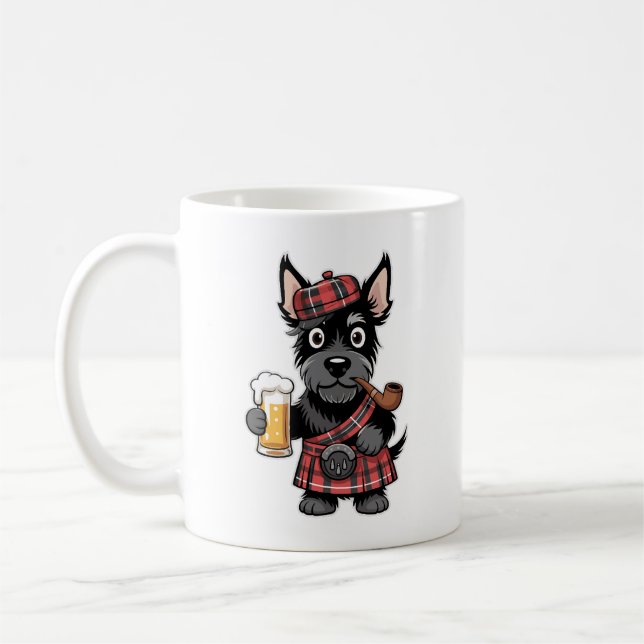 Skotsk terrier i tartan kilt med öl och pipa kaffemugg (Vänster)