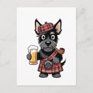Skotsk terrier i tartan kilt med öl och pipa vykort