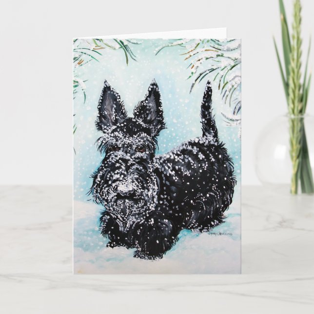 Skotsk Terrier i vintern "Nora ", Helgkort (Framsida)