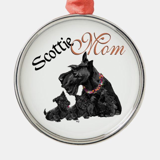 Skotsk Terrier Mamma & Valpar Julgransprydnad Metall (Framsidan)