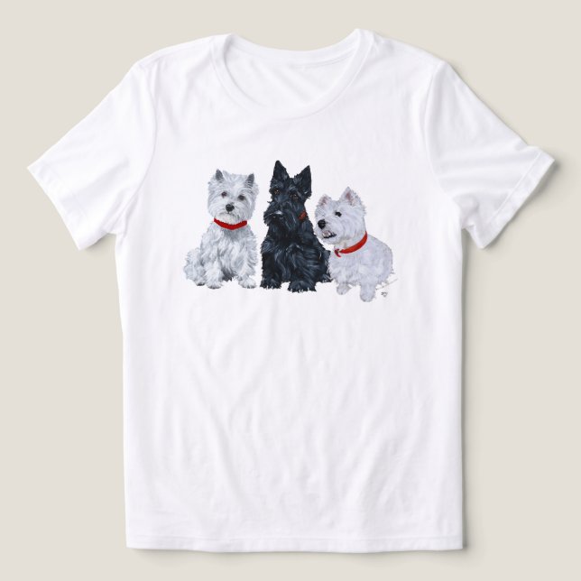 Skotsk terrier med två West Highland White Terrier T Shirt (Design Framsida)