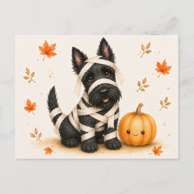 Skotsk Terrier Mummie Halloween Vykort (Framsida)