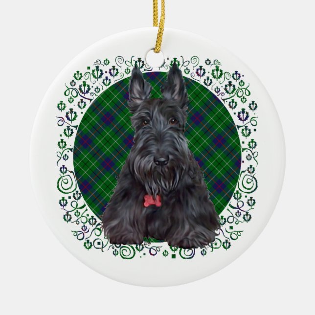 Skotsk terrier på tartan julgransprydnad keramik (Framsidan)