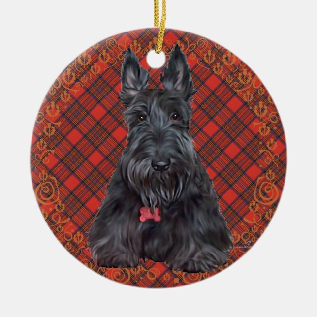 Skotsk terrier på tartan julgransprydnad keramik (Framsidan)