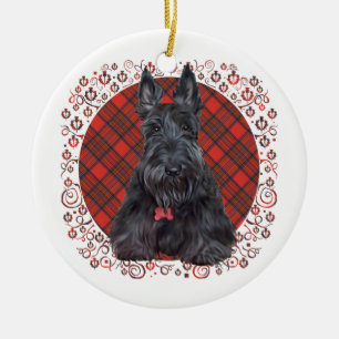 Skotsk terrier på tartan julgransprydnad keramik