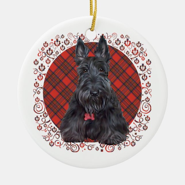 Skotsk terrier på tartan julgransprydnad keramik (Framsidan)