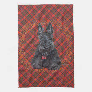 Skotsk terrier på tartan kökshandduk