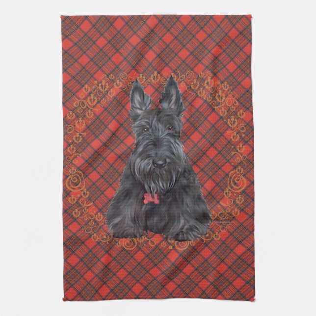 Skotsk terrier på tartan kökshandduk (Vertikal)