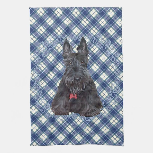 Skotsk terrier på tartan kökshandduk (Vertikal)