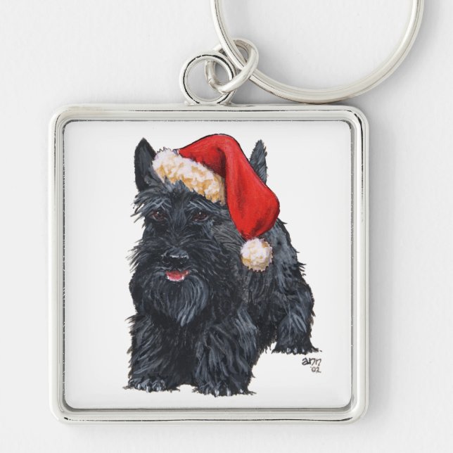 Skotsk terrier Santa Fyrkantig Silverfärgad Nyckelring (Framsidan)