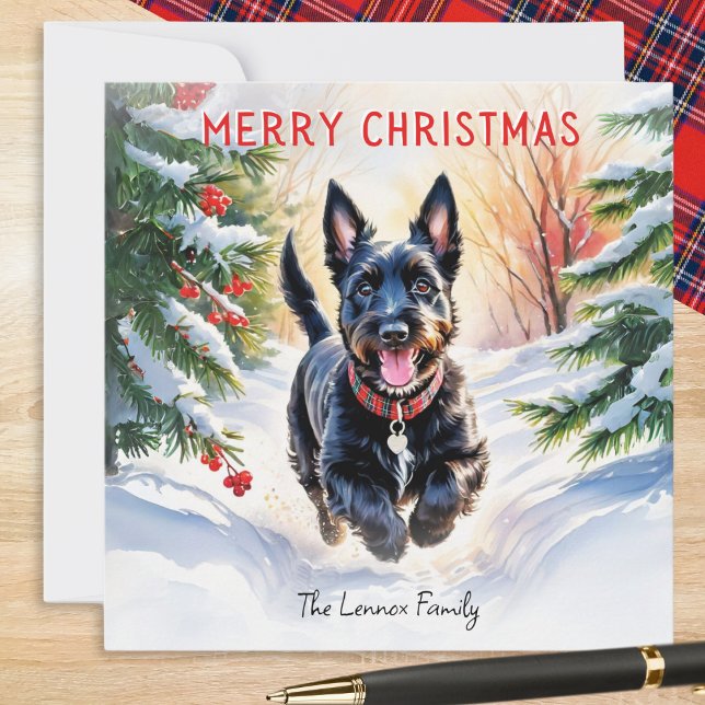 Skotsk terrier Scottie hund i snö jul Julkort (A Christmas card with picture of a Scottish Terrier dog running through snow, in a watercolor style)