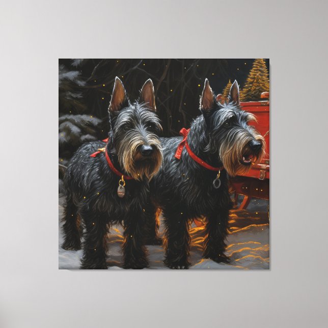 Skotsk terrier Snöig släde Juldekoration Canvastryck (Framsida)