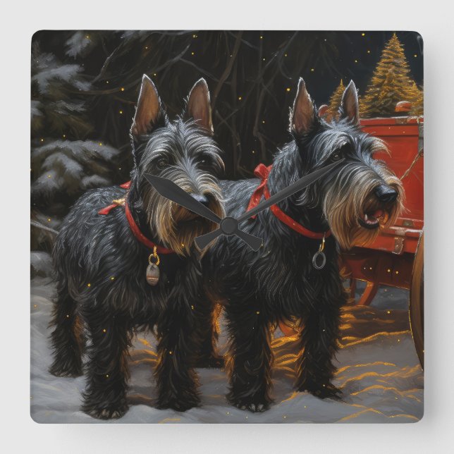 Skotsk terrier Snöig släde Juldekoration Fyrkantig Klocka (Framsida)