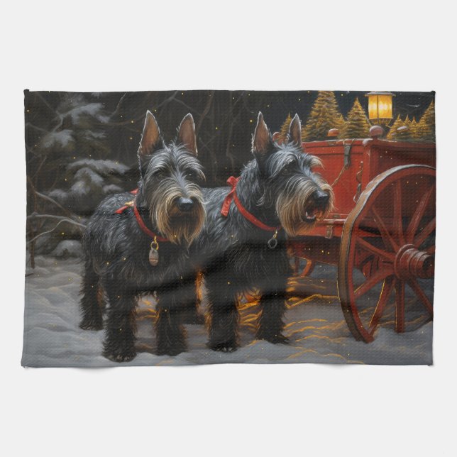 Skotsk terrier snöig släde juldekoration  kökshandduk (Horisontell)