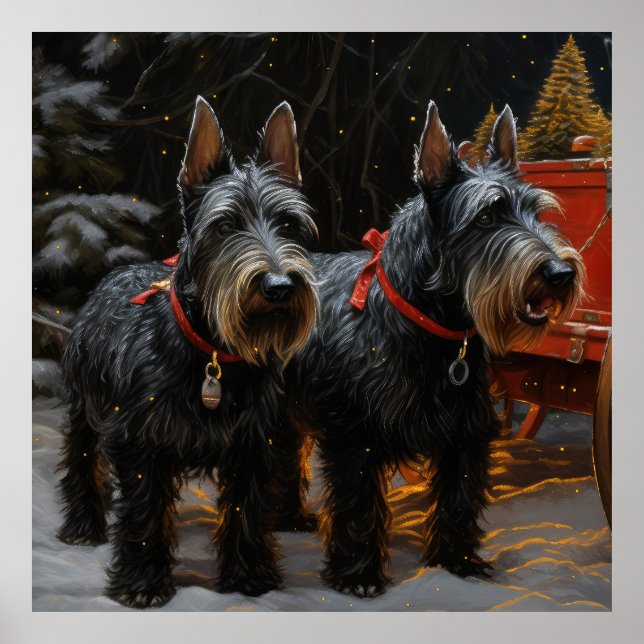 Skotsk terrier snöig släde juldekoration  poster (Framsidan)