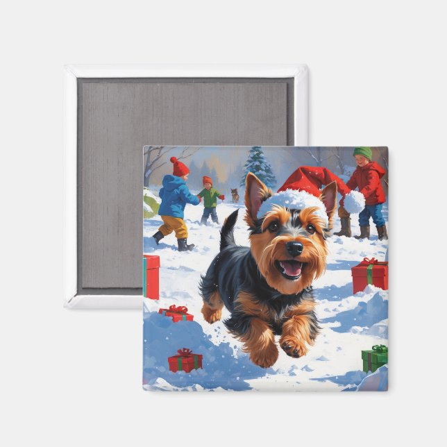 Skotsk terrier som springer i snö med julhatt magnet (Front/Back)