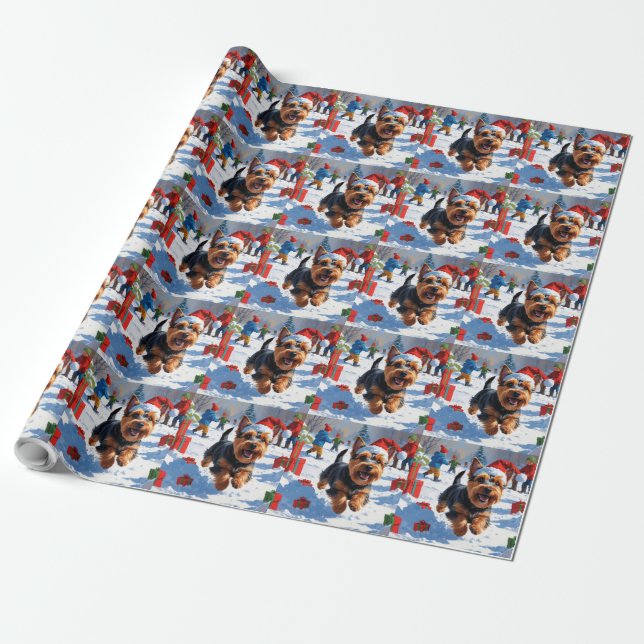 Skotsk terrier som springer i snö med julhatt presentpapper (Utrullad)