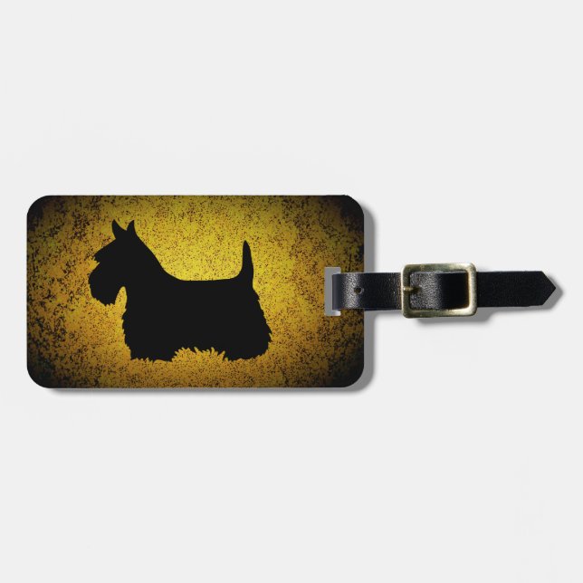 Skotsk terrier, svart silhuett, granitguld bagagebricka (Horisontell Framsida)