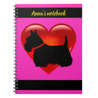 Skotsk terrier svart/vit siluett hjärta/namn anteckningsbok med spiral