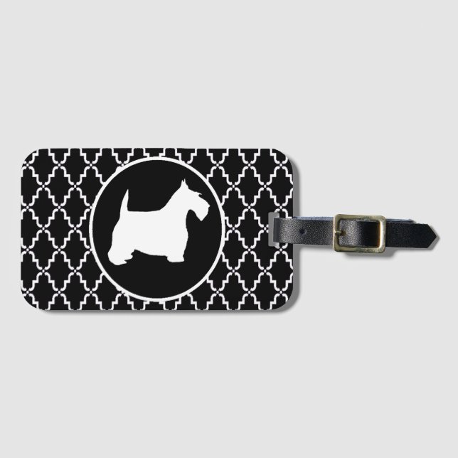 Skotsk Terrier svartvita Quatrefoil Bagagebricka (Framsida horisontal)