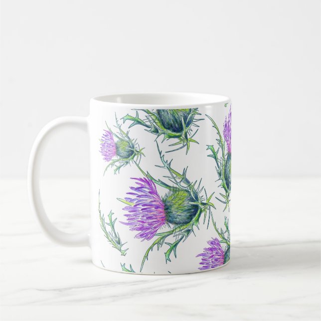 Skotsk tistblomma, vattenfärg kaffemugg (Vänster)