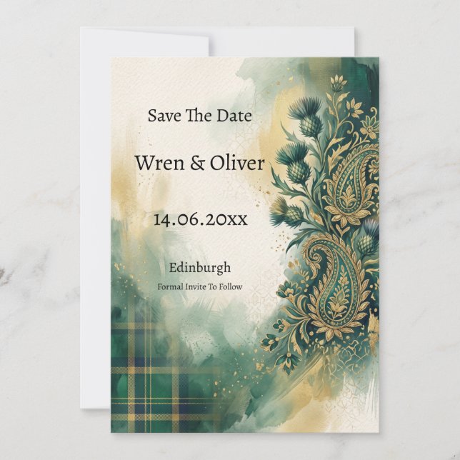 Skotsk Tistel Guld Paisley Save The Date-kort Spara Datumet (Framsida)