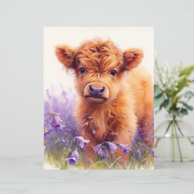 Skotska högland Calf Wildblommor Scrapbook Papper (Stående Fram)