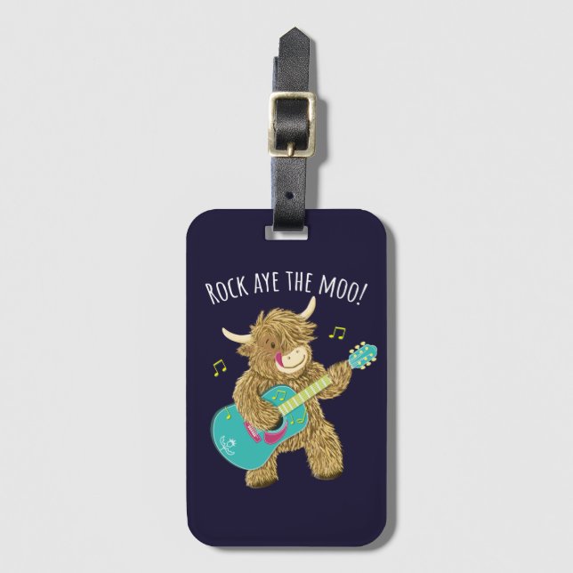 Skotska höglandskägget Kow Guitarist Sten Aye Moo! Bagagebricka (Framsida vertikal)