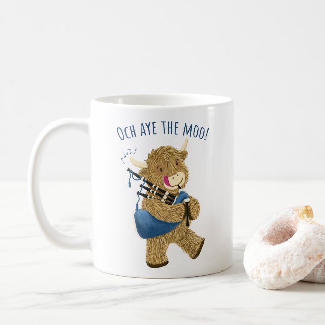 Skotska höglandskägget Piper Says och Aye the Moo! Kaffemugg (Med munk)