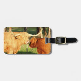 Skotska höglandskon och kalv bagagebricka
